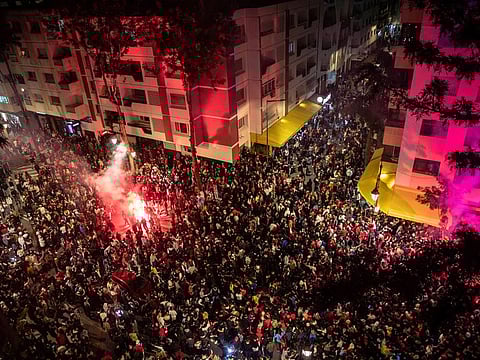 Thousands of Moroccans gather in Rabat, Morocco, to celebrate the win over Spain in the FIFA World Cup Qatar 2022 Round of 16 match on December 6, 2022. Morocco won the penalty shootout 3-0 after a goalless draw.