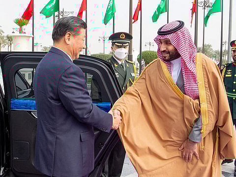 Saudi Crown Prince Mohammad Bin Salman welcomes Chinese President Xi Jinping in Riyadh, on December 8, 2022.