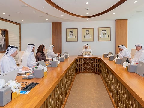 Sheikh Mansoor heading the fourth Dubai Sports Council board meeting, where the preparedness of top evens in Dubai in December were reviewed.