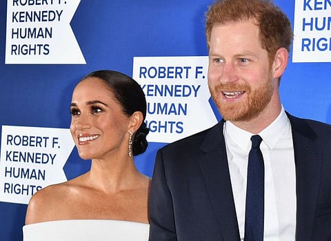 Prince Harry, Duke of Sussex, and Meghan, Duchess of Sussex, arrive at the 2022 Robert F Kennedy Human Rights Ripple of Hope Award Gala at the Hilton Midtown in New York City on December 6, 2022.