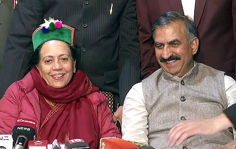Himachal Pradesh Congress chief Pratibha Singh, party leader Sukhvinder Singh Sukhu after the Congress Legislature Party meeting, at the party office, in Shimla on Friday.