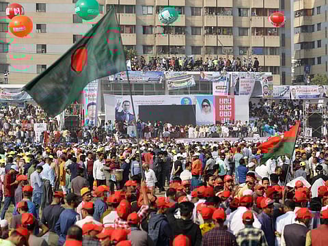 Supporters of Bangladesh Nationalist Party (BNP) take part in the party's last divisional rally in Dhaka on December 10, 2022.