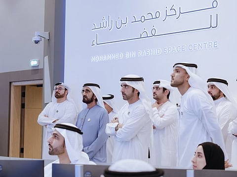 Mohammed bin Rashid and Hamdan bin Mohammed watching the successful launch of the Rashid Rover to the Moon on Sunday at the MBRSC in Dubai