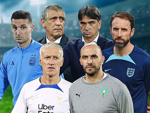 The iconic head coaches of the Top 6 teams in the FIFA World Cup Qatar 2022 (clockwise from top left): Lionel Sebastián Scaloni of Argentina, Fernando Santos of Portugal, Zlatko Dalić of Croatia, Gareth Southgate of England, Walid Regragui of Morocco, and Didier Claude Deschamps.
