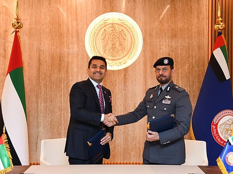 Major General Khalifa Mohammed Al Khaili and Dr. Shamsheer Vayalil during the MoU signing ceremony