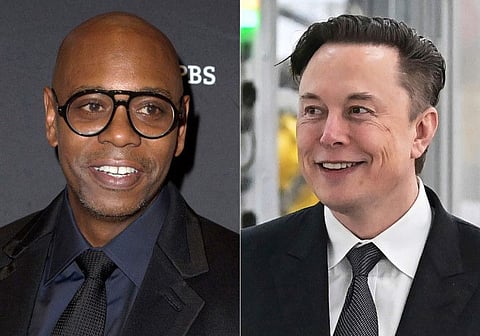This combination of photos shows comedian Dave Chappelle attending the 22nd Annual Mark Twain Prize for American Humor in Washington on Oct. 27, 2019, left, and businessman Elon Musk at the opening of the Tesla factory Berlin Brandenburg in Gruenheide, Germany, on March 22, 2022.