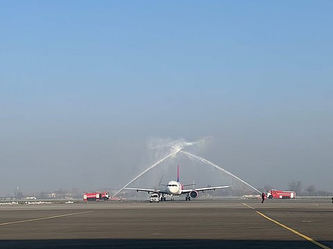 Wizz Air Abu Dhabi's maiden flight to Uzbekistan receives a water cannon salute at Samarkand International Airport on Tuesday, December 13, 2022.