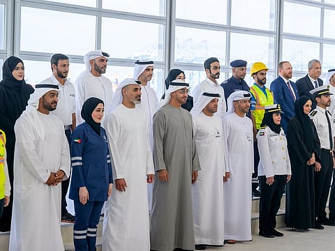 The President, His Highness Sheikh Mohamed bin Zayed Al Nahyan, with Sheikh Khaled bin Mohamed bin Zayed, member of the Executive Council and Chairman of Abu Dhabi Executive Office, along with other senior officials.