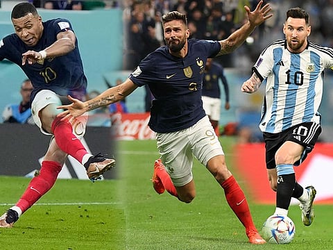 GOLDEN BOOT HOPEFULS (from left): Kylian Mbappe, Olivier Giroud and Lionel Messi. They have three games each to clinch the top-scorer award.