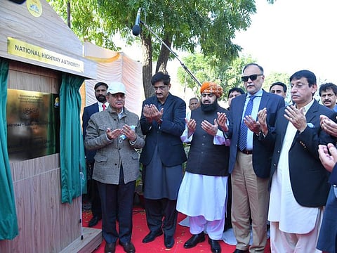 Prime Minister Shehbaz Sharif, accompanied by Sindh Chief Minister Syed Murad Ali Shah, and federal ministers, at the groundbreaking of the M-6 Hyderabad-Sukkur motorway.