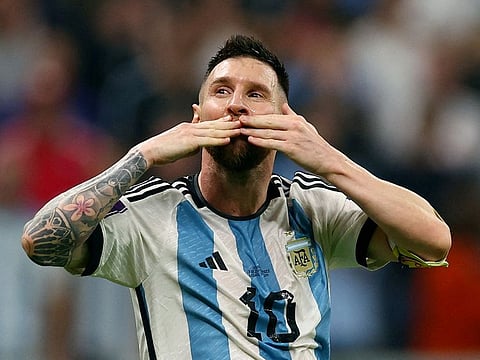 Argentina's Lionel Messi celebrates after Julian Alvarez scores their third goal in the semi-final match between Aregentina and Croatia.