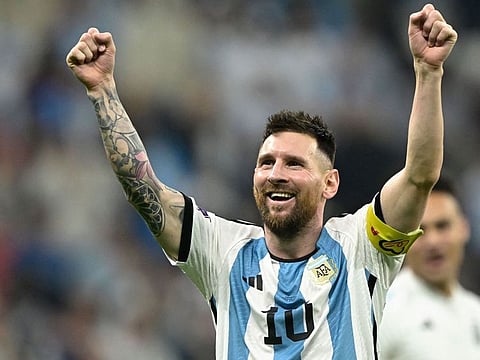 Argentina’s Lionel Messi celebrates after defeating Croatia in the FIFA World Cup Qatar 2022 semifinal at the Lusail Stadium, north of Doha, on December 13, 2022. Messi had a goal and an assist in the 3-0 win.