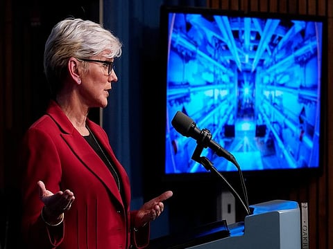 US Secretary of Energy Jennifer Granholm announces a major scientific breakthrough in fusion research that was made at the Lawrence Livermore National Laboratory in California, during a news conference at the Department of Energy in Washington, Tuesday, Dec. 13, 2022