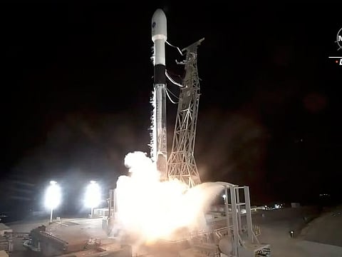 In this image made from video provided by NASA, a SpaceX rocket carrying the Surface Water and Ocean Topography satellite lifts off from Vandenberg Space Force Base in California, on Dec. 16, 2022.
