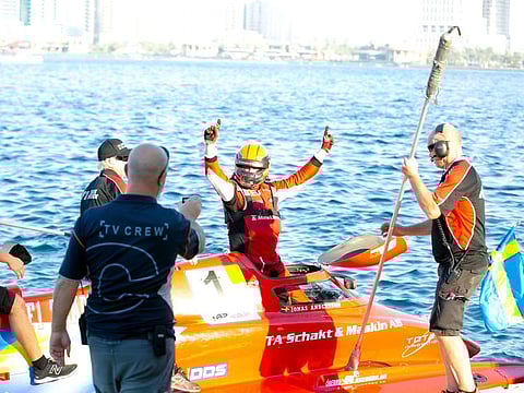 Jonas Andersson, the current UIM F1H2O World champion, celebrates after winning the round one of the Grand Prix of Sharjah on Friday.