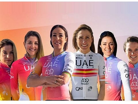 Caption: UAE Team ADQ's official riders for the new 2023 season include (from left): Anna Trevisi, Laura Tomasi, Marta Bastianelli, Sofia Bertizzolo and Erica Magnaldi.