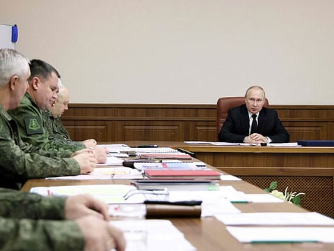 Russian President Vladimir Putin meets with the joint staff of troops involved in Russia's military operation in Ukraine on December 17, 2022.