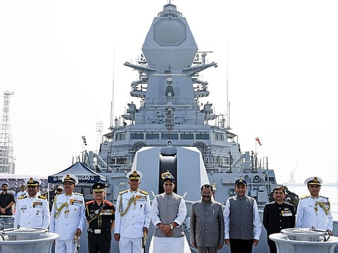 Defence Minister Rajnath Singh with Chief of Defence Staff General Anil Chauhan, Chief of the Navy Staff Admiral R Hari Kumar and other dignitaries at the commissioning ceremony of the P15B stealth-guided missile destroyer 'INS Mormugao', in Mumbai on Sunday, December 18, 2022.