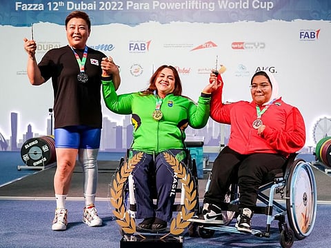 Ayesha Almutaiwei (right) claimed two bronze medals for the hosts UAE in the individual competition at the Fazza 12th Dubai 2022 Para Powerlifting World Cup.