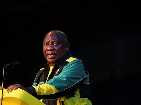 South African President Cyril Ramaphosa speaks during the 55th National Conference of the ruling African National Congress (ANC) at the Nasrec Expo Centre in Johannesburg, South Africa December 16, 2022.