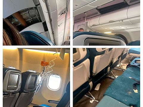 This photo combination of mobile images, courtesy of passenger Jazmin Bitanga, shows the interior of a Hawaiian Airlines plane flying from Phoenix to Honolulu after severe turbulence rocked the flight, Sunday, Dec. 18, 2022.