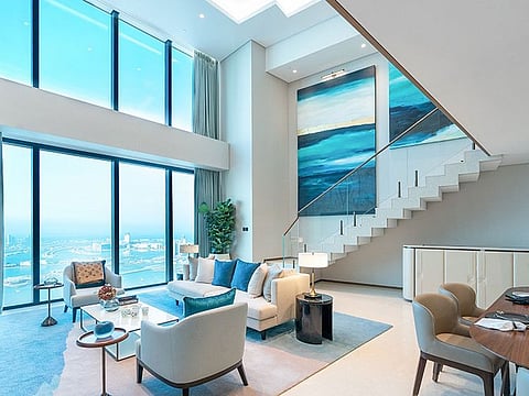 The penthouse occupying floors 73-75 in the Jumeirah Gate Tower, at Address Jumeirah Beach Residence (JBR) boasts 360-degree views of the Dubai skyline, Bluewaters, Ain Dubai, Palm Jumeirah and Burj Al Arab.