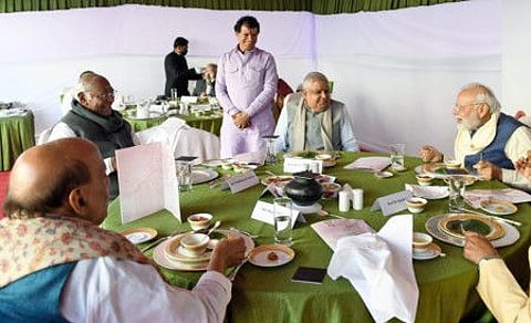 Vice President Jagdeep Dhankhar, Prime Minister Narendra Modi, Lok Sabha Speaker Om Birla, Leader of Opposition in Rajya Sabha Mallikarjun Kharge and Defence Minister Rajnath Singh during a meeting on the ‘International Year of Millets 2023’, in New Delhi on Tuesday, Dec 20, 2022.
