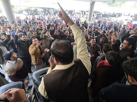 Staff of Benazir Income Support Programme protest in Islamabad in favour of their demands.