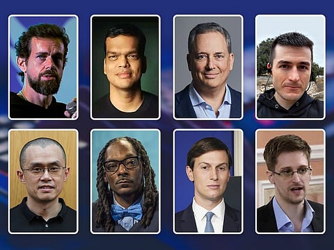 Clockwise, from top left:Jack Dorsey, Sriram Krishnan, David Sacks, Lex Fridnman, Edward Snowden, Jared Kushner, Snoop Dogg and Changpeng Zhao.