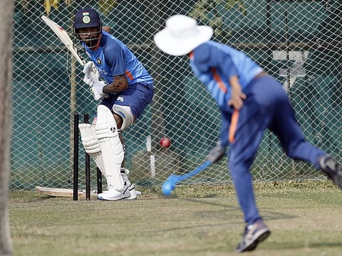 India's captain KL Rahul bats during a practice session on the eve of the second Test against Bangladesh in Dhaka on Wednesday.