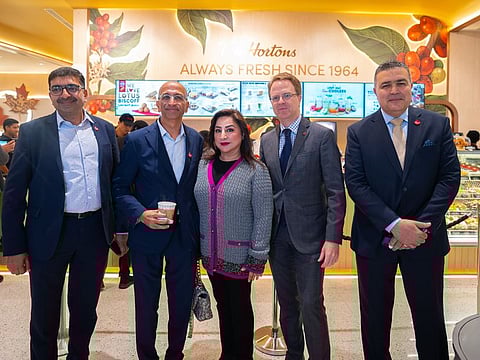Jean-Philippe Linteau, Consul General of Canada, Founder & Chairwoman of the Apparel Group Mrs. Sima Ved, Chairman of the Apparel Group Mr. Nilesh Ved, CEO of Apparel Group Mr. Neeraj Teckchandani and CEO of Tim Hortons (ME) Hesham Almekkawi, inaugurated the grand opening ceremony of the new concept store at City Centre Mir