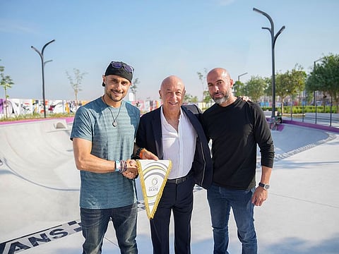 Prince Khaled Bin Alwaleed, Sabatino Aracu, Ahmed Alkhoshaibi, Group CEO of Arada, after Sharjah secured two Paris Olympic qualifiers.