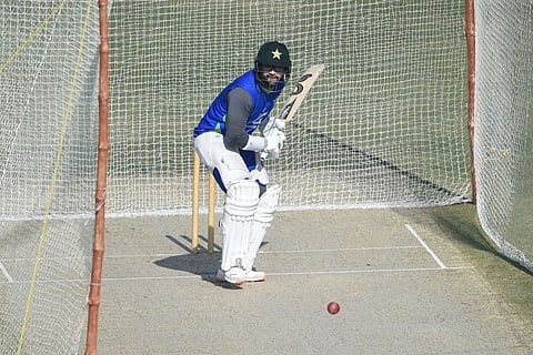 Pakistan's Imam-ul-Haq plays a shot during a training session ahead of their first cricket Test against New Zealand at the National Stadium in Karachi.