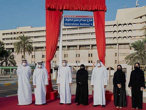 Sheikh Khaled bin Mohamed bin Zayed Al Nahyan (third from left) and other senior officials during the inauguration ceremony of Abdul Rahman Makhlouf Street in Abu Dhabi on Sunday
