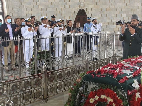 Karachi Administrator Barrister Murtaza Wahab (first left) at the Mausoleum of Quaid-e-Azam to pay homage to the founder of Pakistan on his birth anniversary, on December 25, 2021.