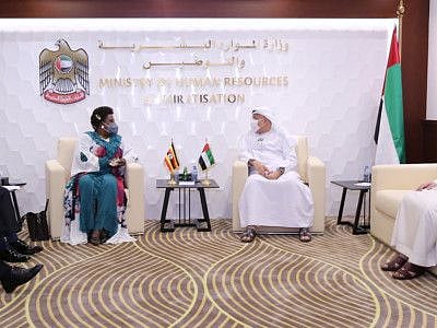 Dr Abdulrahman Al Awar and Betty Amongi Akena discussed ways to strengthen labour cooperation between the UAE and Uganda.