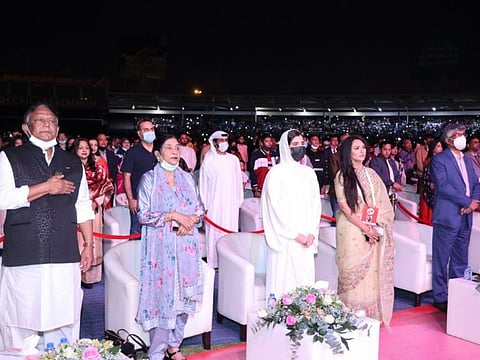 Dignitaries and other spectators at the Golden Jubilee celebrations of Bangladesh and UAE at Sharjah Cricket Stadium.