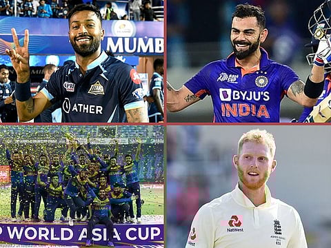 Clockwise from top-left: Hardik Pandya, Virat Kohli, Ben Stokes and the Sri Lankan team posing with Asia Cup trophy.
