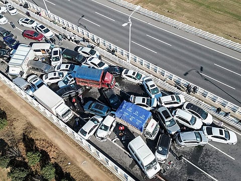 This aerial photo taken on December 28, 2022 shows a multi-vehicle collision on Zhengxin Yellow River Bridge in Zhengzhou, in China's central Henan province.