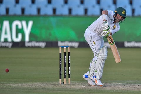 South Africa's Dean Elgar plays a shot during unbeaten half-century on the fourth day of the first Test against India at SuperSport Park in Centurion on Wednesday.