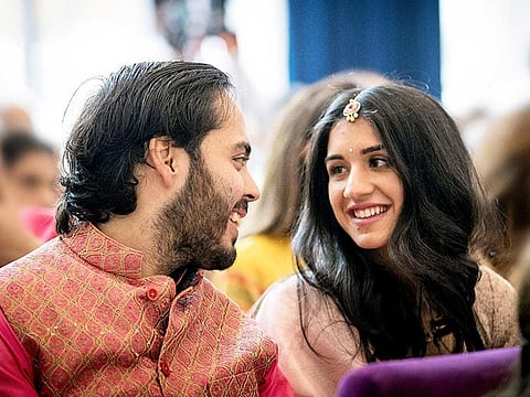 Reliance Industries Chairman and Managing Director Mukesh Ambani and Nita Ambani's son Anant Ambani with Radhika Merchant, as their 'Roka' ceremony held at Shrinathji Temple at Nathdwara, in Rajsamand on Thursday.