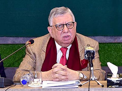 Federal Minister for Finance & Revenue Shaukat Tarin addressing a press conference.