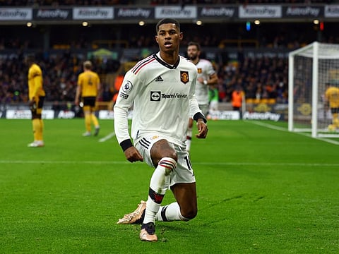 Manchester United's Marcus Rashford celebrates scoring against Wolves during their English Premier League clash.