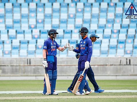 India U19 team's Angkrish Raghuvanshi and Shaik Rasheed during their match-winning partnership in the final against Sri Lanka on Friday.