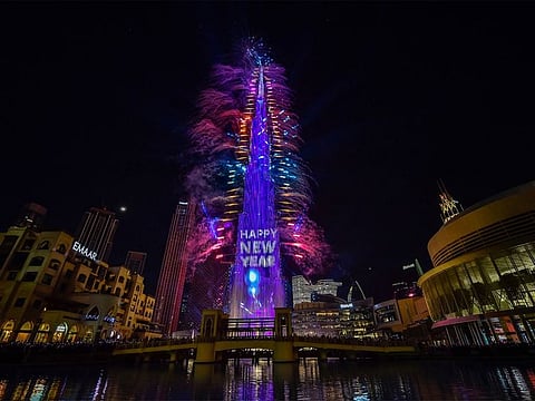 Burj Khalifa fireworks light up the Dubai sky to welcome New Year 2023.