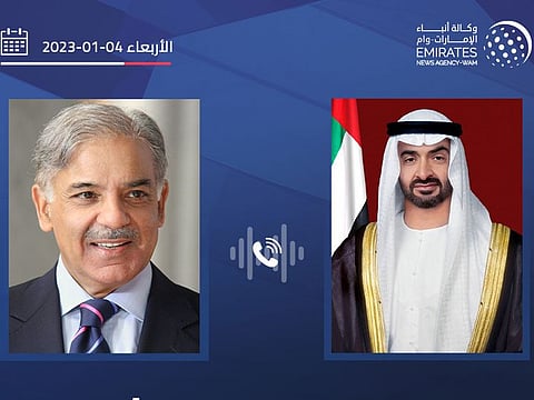 President His Highness Sheikh Mohamed bin Zayed Al Nahyan (R) on Tuesday received a phone call from Pakistan Prime Minister Muhammad Shehbaz Sharif