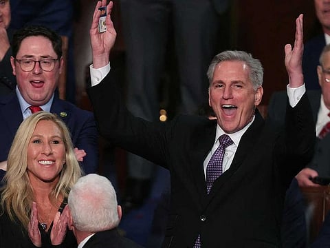 House Republican leader Kevin McCarthy (R-CA) reacts during a vote to adjourn following a day of votes for the new Speaker of the House at the U.S. Capitol on January 04, 2023 in Washington, DC.