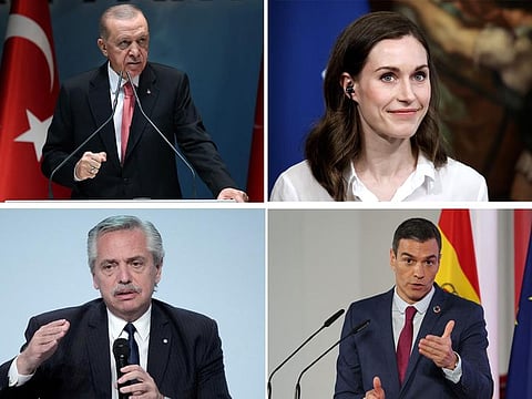 Top left to right clockwise: Recep Tayyip Erdoğan, Sanna Marin, Pedro Sanchez and Alberto Fernandez