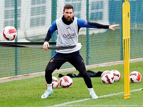 Paris Saint-Germain's Lionel Messi takes part in a training session at the club's "Camp des Loges" training ground in Saint-Germain-en-Laye, west of Paris on January 5, 2023.