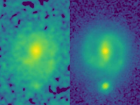 In the HST image (left, taken in the near-infrared filter), the galaxy is little more than a disk-shaped smudge obscured by dust and impacted by the glare of young stars, but in the corresponding JWST mid-infrared image (taken this past summer), it’s a beautiful spiral galaxy with a clear stellar bar.